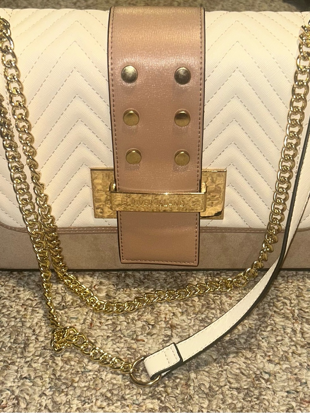 River Island White and Blush Quilted Shoulder Bag with Gold Chain